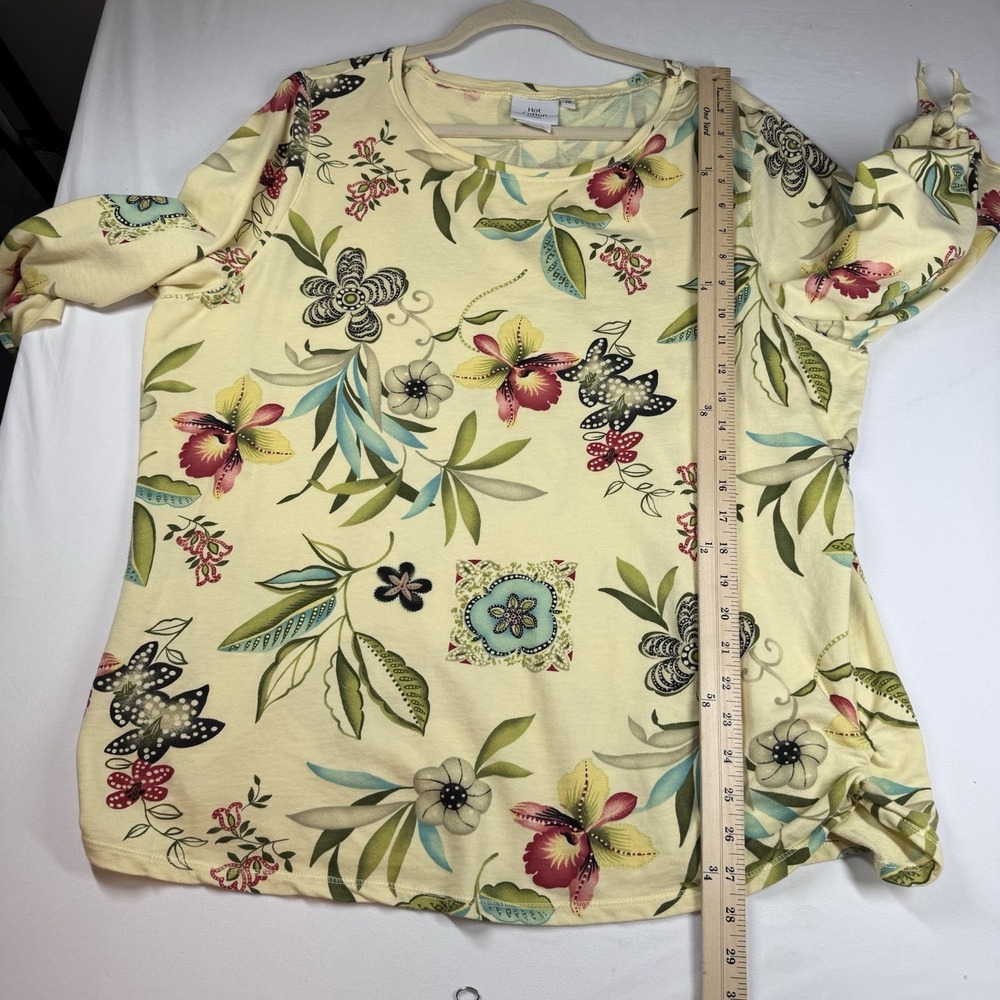 Hot Cotton Floral Top Sz 1X XL Garden‎ Colorful 3/4 Slv Tie Summer Nature Yellow - Picture 8 of 9